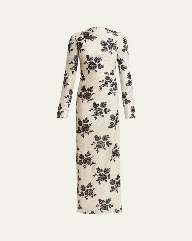 Long Floral Sequined Mock-Neck Draped Gown